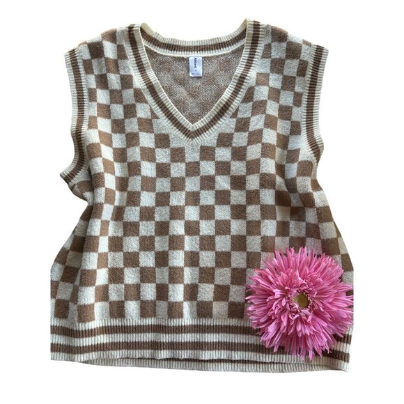 Abound Womens Sleeveless V-Neck Sweater Vest Tan & Ivory Check 1X - Picture 1 of 11